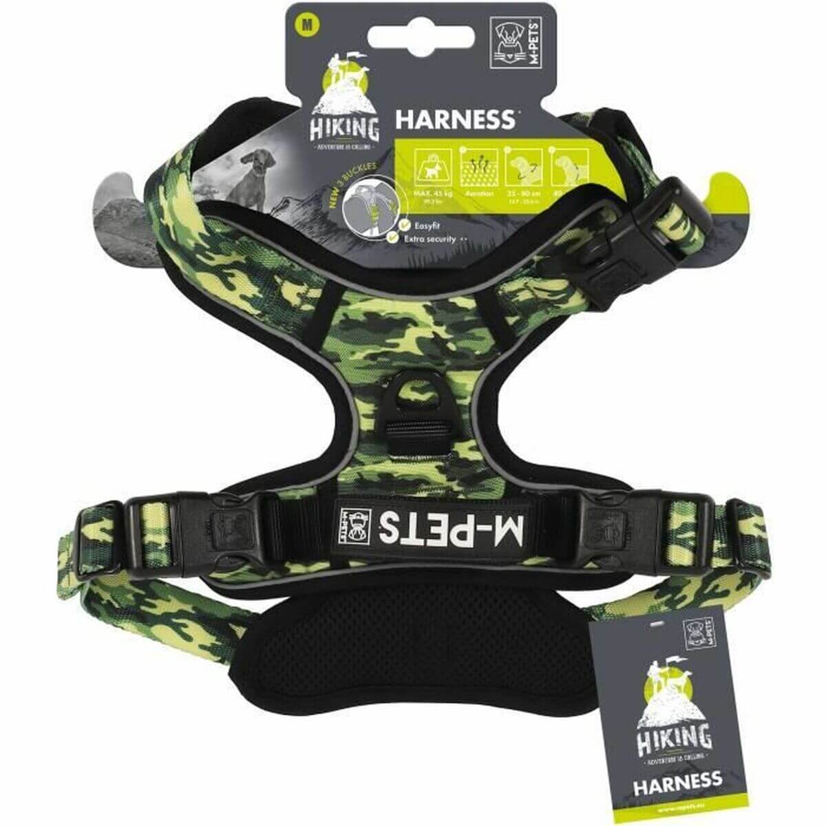 Dog harness MPETS HIKING M in green camouflage for outdoor adventures and camping, available at revlando.com.