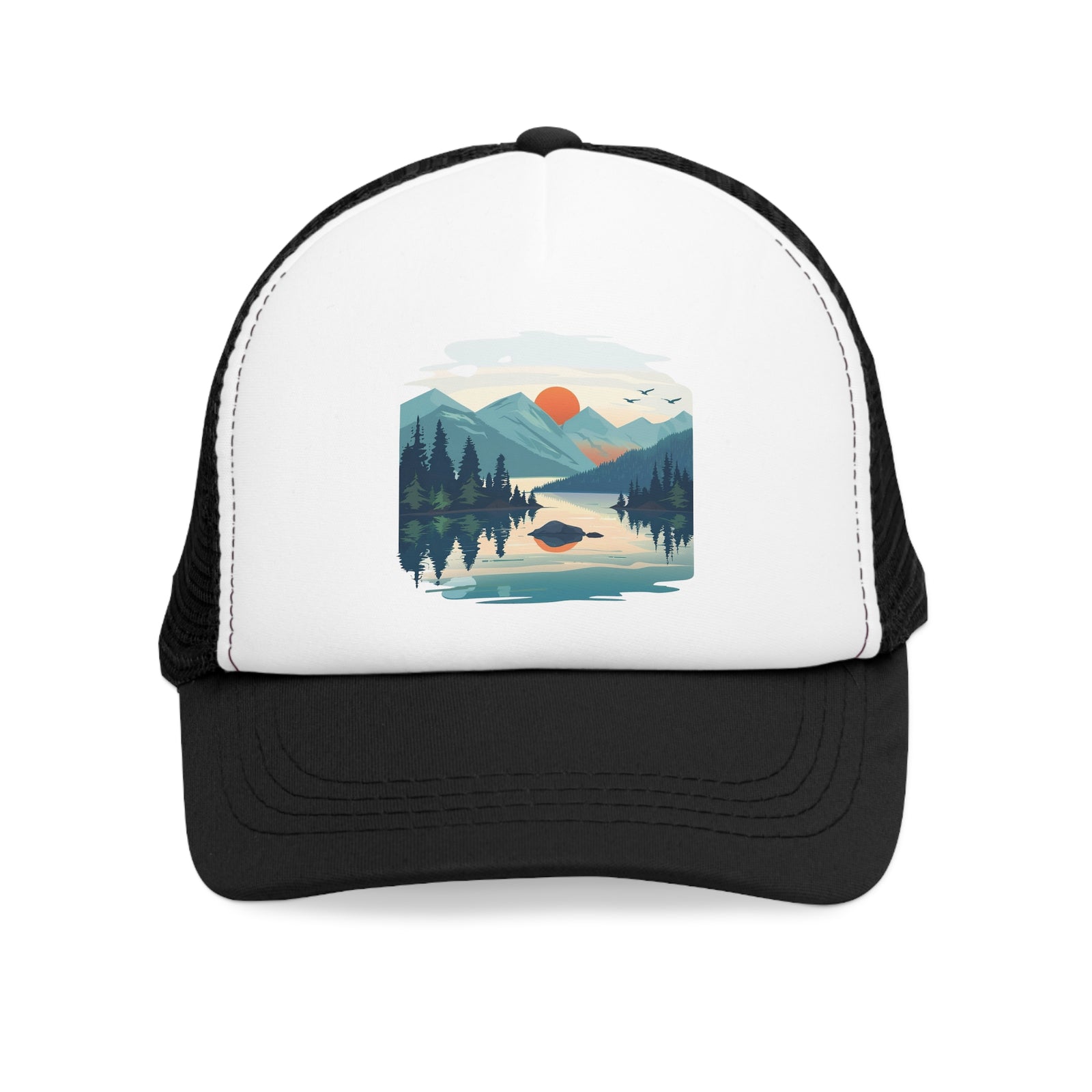 Mesh cap with mountain and lake design, perfect for outdoor adventures and camping, available at revlando.com.