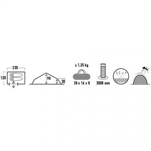 Specifications diagram for High Peak Siskin 2.0 LW Ultra-Light 2-Person Tent including dimensions, weight, and features.