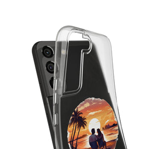 Clear TPU phone case featuring a sunset beach design, perfect for outdoor adventures and camping trips.