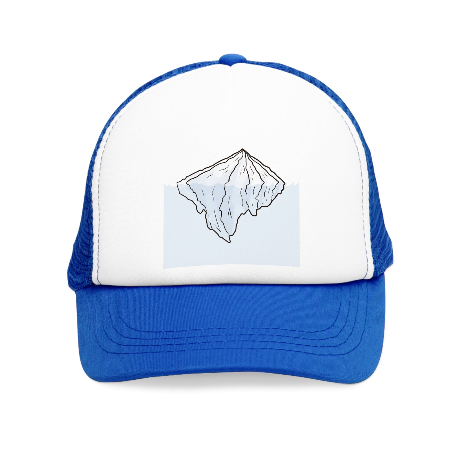 Blue mesh cap featuring an iceberg graphic, ideal for outdoor adventures and camping. Perfect for bad hair days.