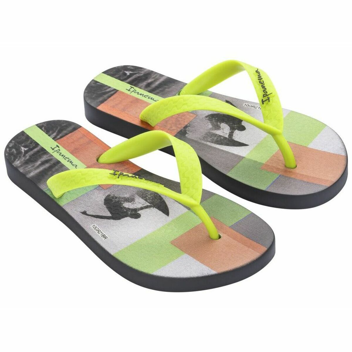 Black Ipanema flip flops for children, ideal for outdoor adventures and camping, featuring bright neon straps.