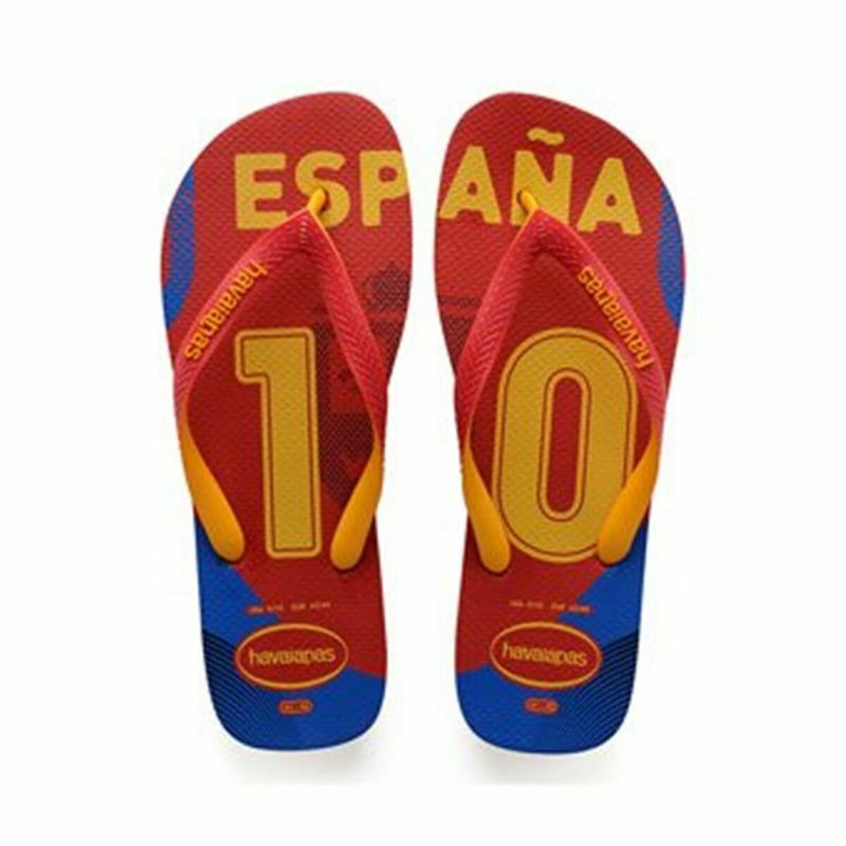 Men's Havaianas flip flops in red and blue with Spain print, perfect for outdoor adventures and summer fun.