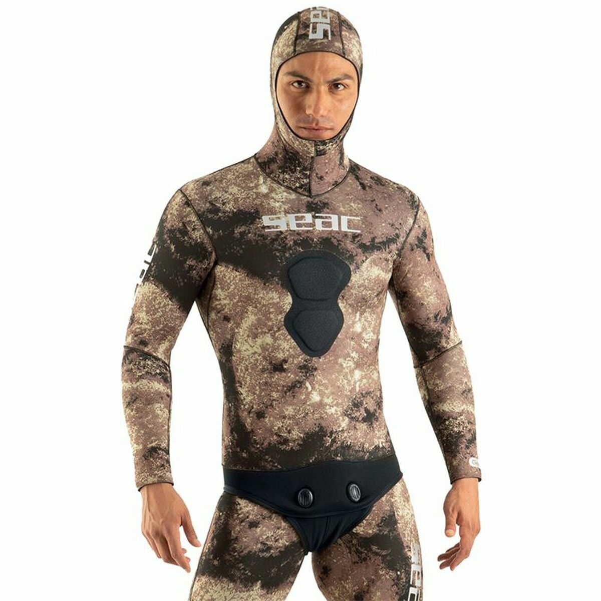 Man wearing Seac camouflage wetsuit, ideal for outdoor adventures and water sports, available at revlando.com