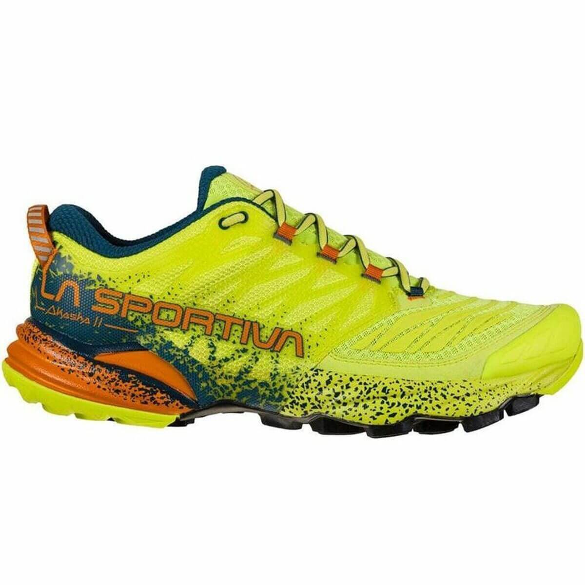 Men's La Sportiva Akasha II trainers in sun yellow, perfect for outdoor adventures and camping. Available at revlando.com.