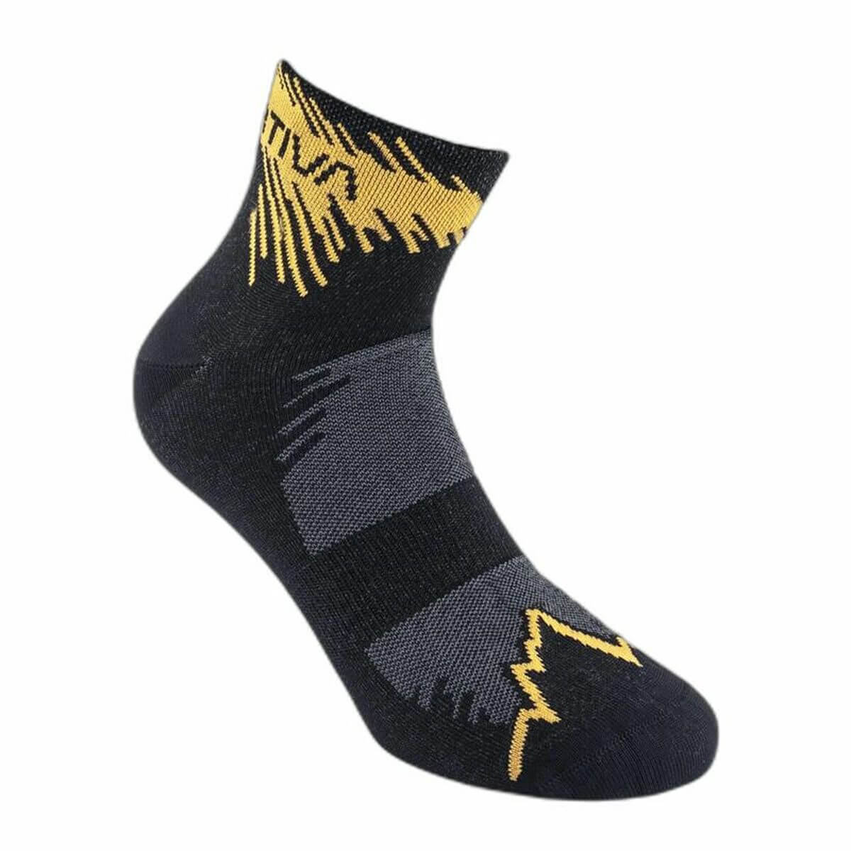 La Sportiva Fast Running Black sports socks with geometric design for outdoor adventures. Available at revlando.com.