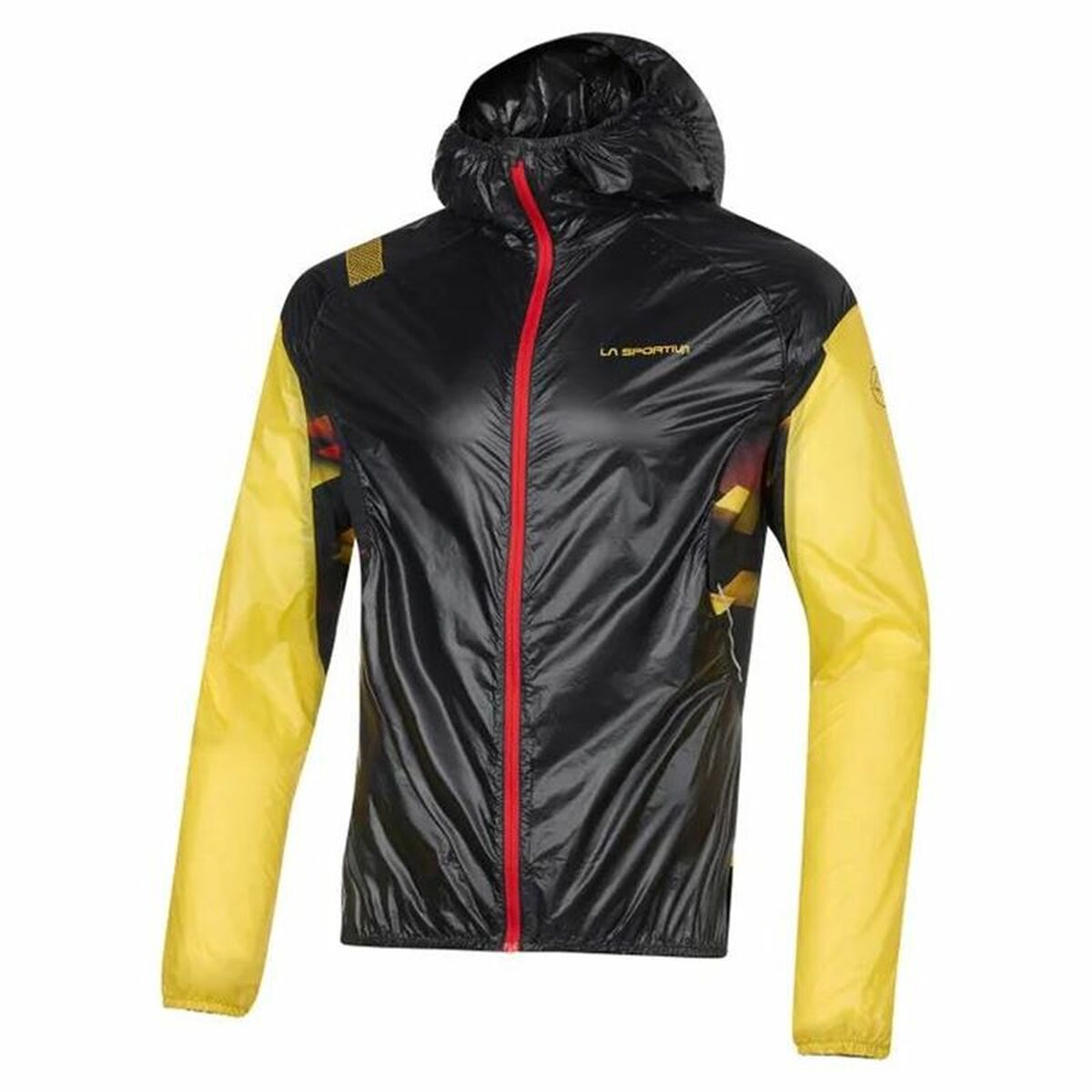 Men's La Sportiva Blizzard Windbreaker, black and yellow sports jacket, ideal for outdoor adventures and camping.