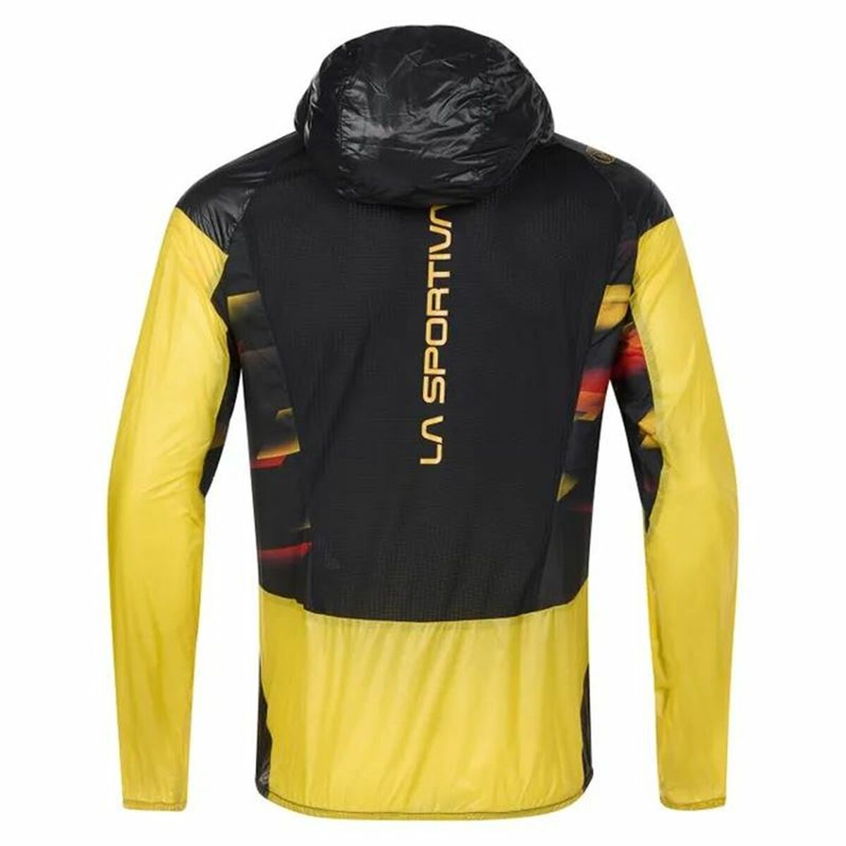 Men's La Sportiva Blizzard Windbreaker, black and yellow sports jacket, ideal for outdoor adventures and camping.