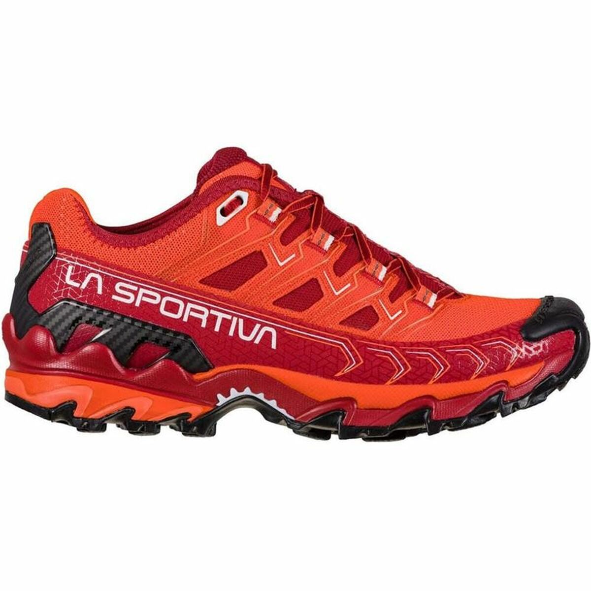 La Sportiva Ultra Raptor II Red running shoes for adults, perfect for outdoor adventures and camping activities.