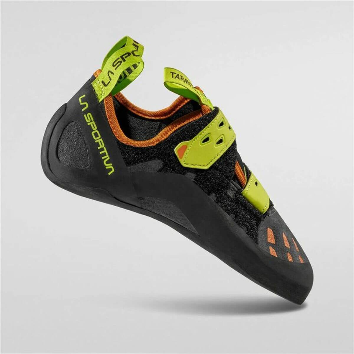 Men's La Sportiva Tarantula trainers in black and neon green, perfect for outdoor adventures and camping.