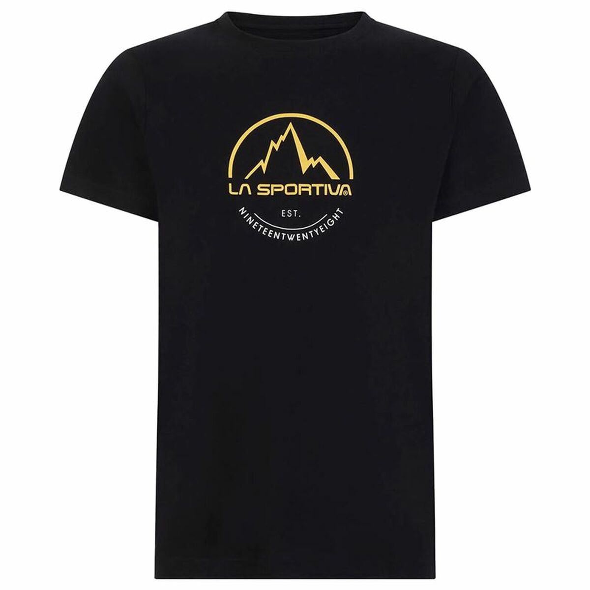 Men's black short sleeve t-shirt with La Sportiva logo, perfect for outdoor adventures and camping from revlando.com.