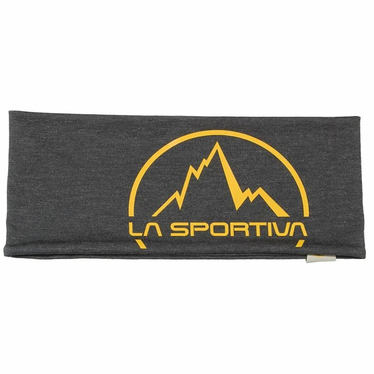 Black sports strip headband by La Sportiva with logo, ideal for outdoor adventures and camping. Unisex adult size.