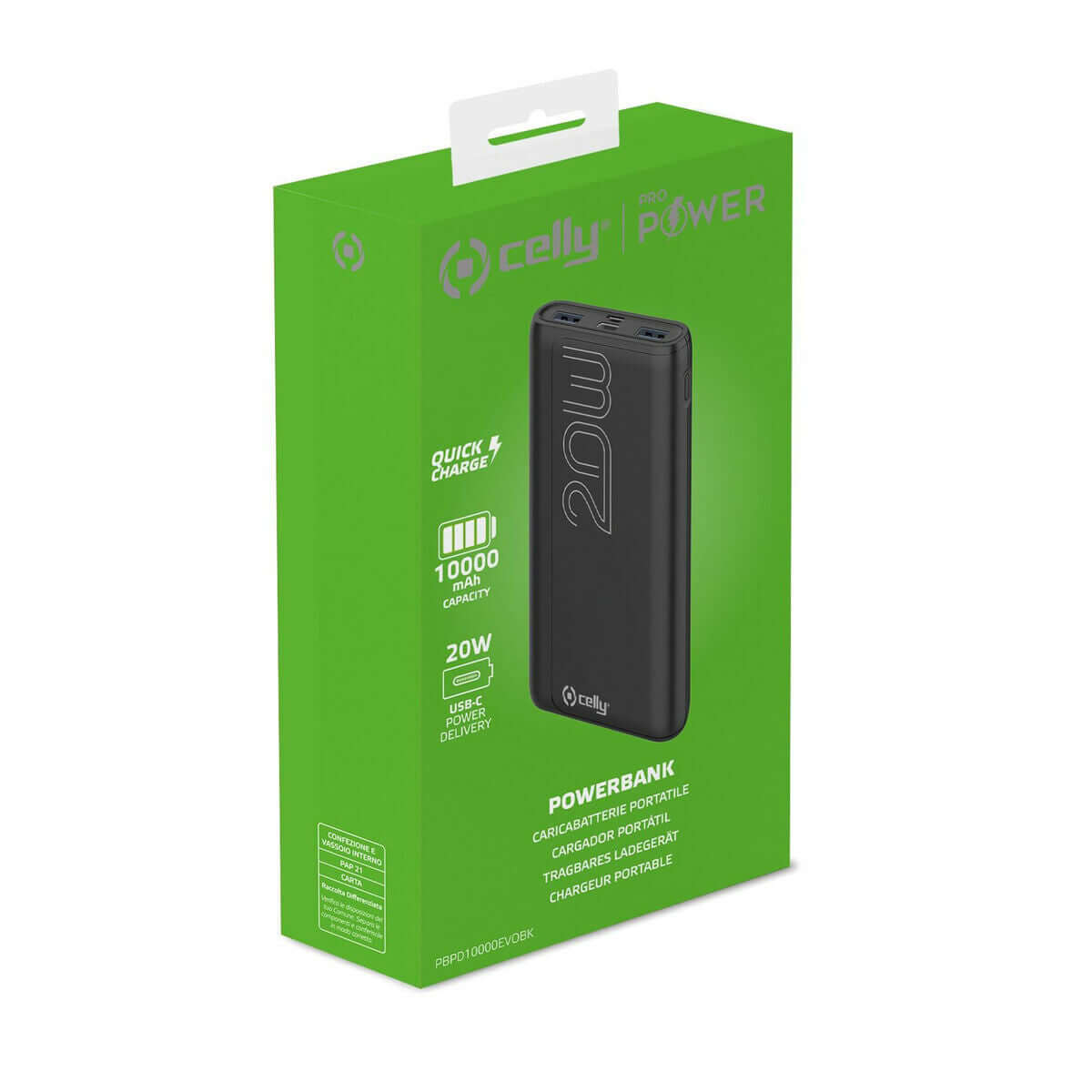 Powerbank Celly PBPD10000EVOBK Black for outdoor adventures and camping, featuring fast USB-C and USB-A connections.