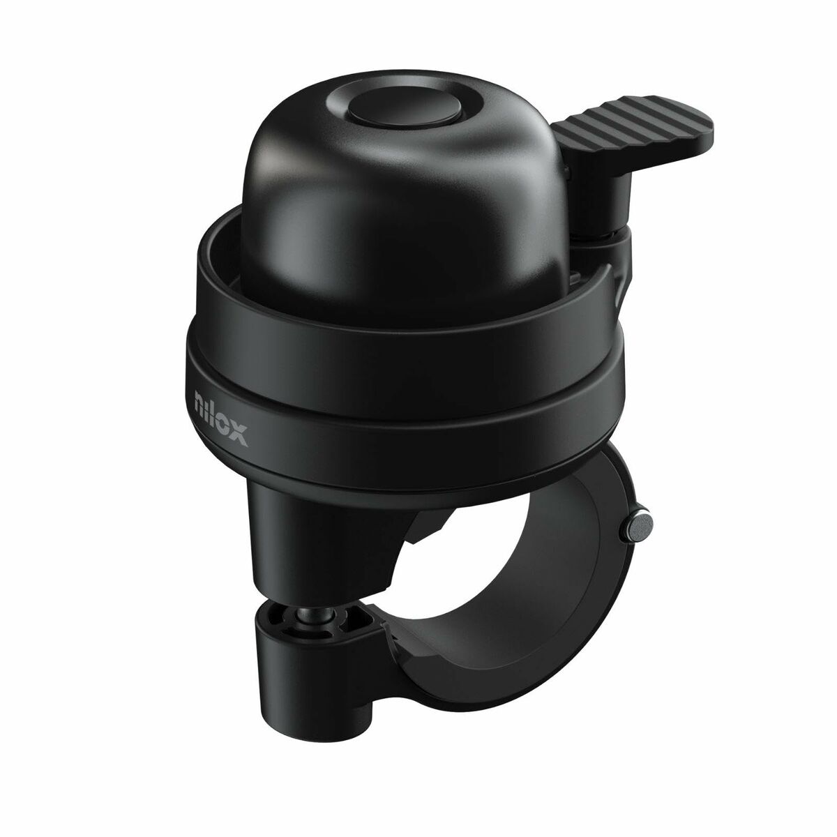 Nilox black bicycle bell with a sleek design for outdoor biking adventures and safety on the road.