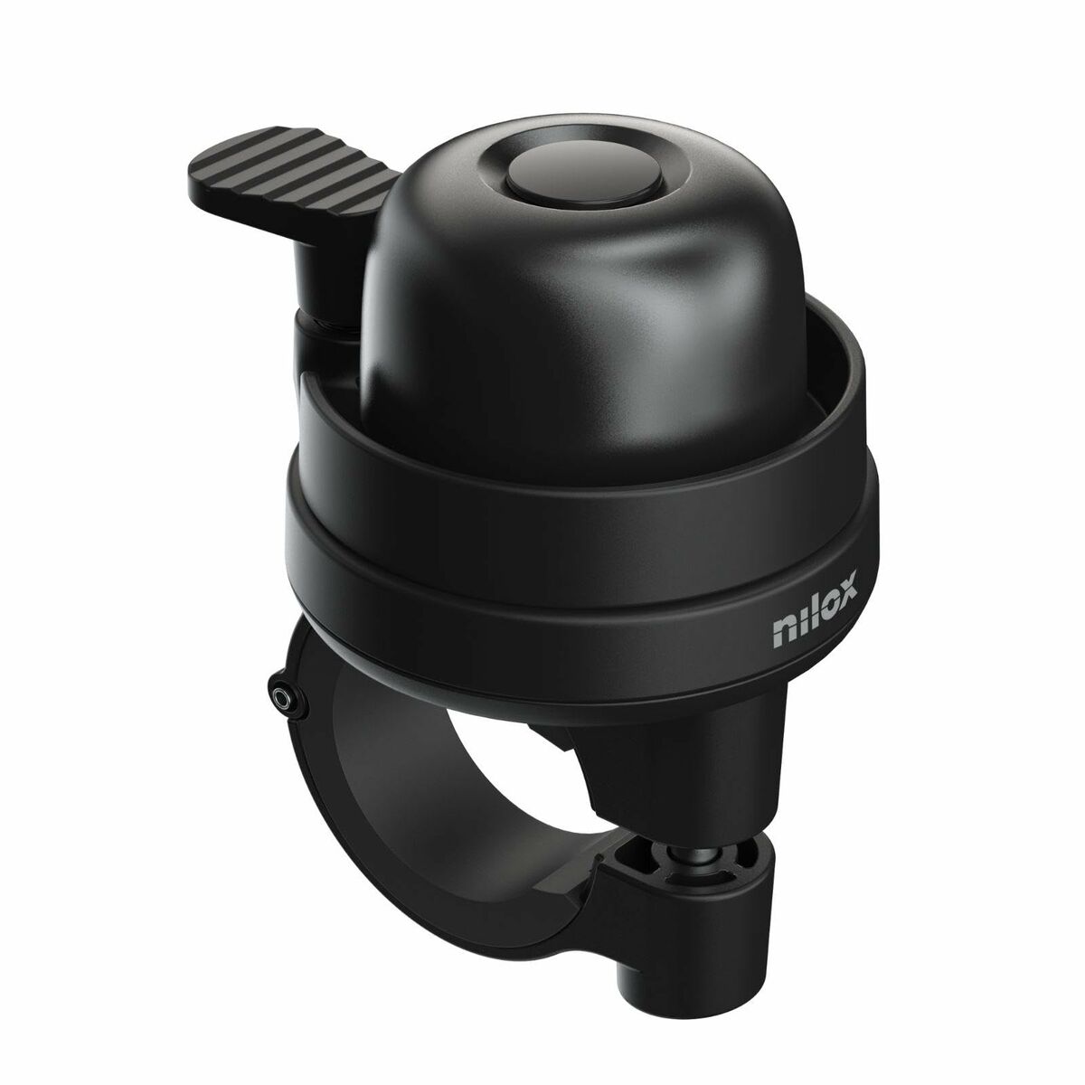 Nilox black bicycle bell with a sleek design for outdoor biking adventures and safety on the road.