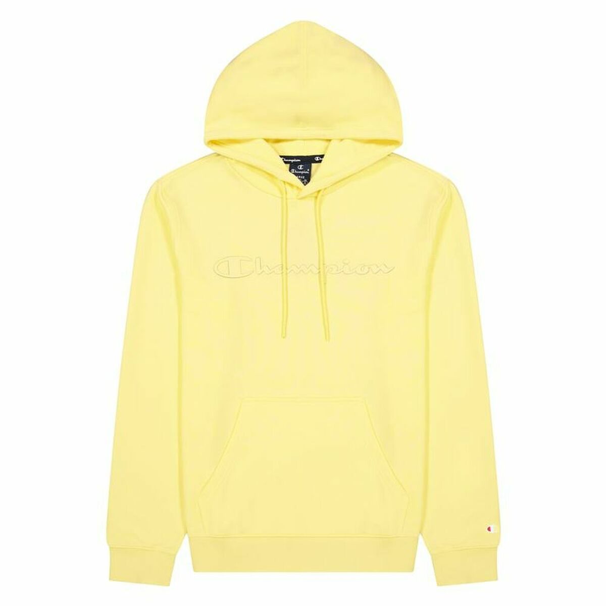 Men's Champion Script Logo Hoodie in Yellow, perfect for outdoor adventures and camping. Available at revlando.com.