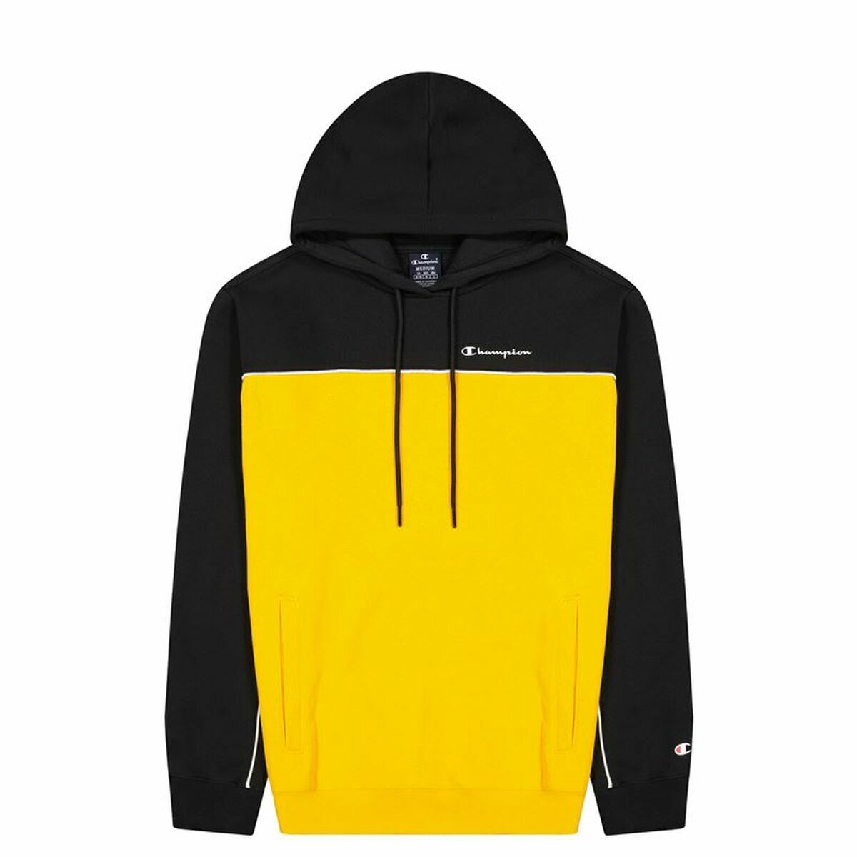 Men's Champion Hoodie in yellow and black, ideal for outdoor adventure and camping. Perfect fit for sports and casual wear.