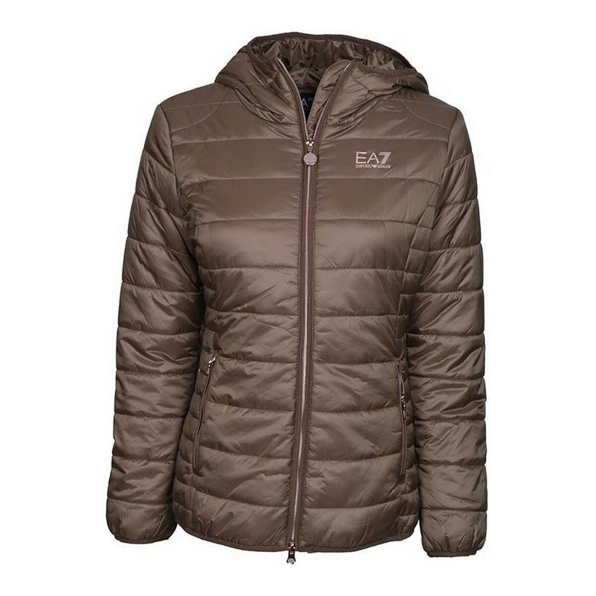 Women's olive green EA7 sports bomber jacket with hood, perfect for outdoor adventures at revlando.com.