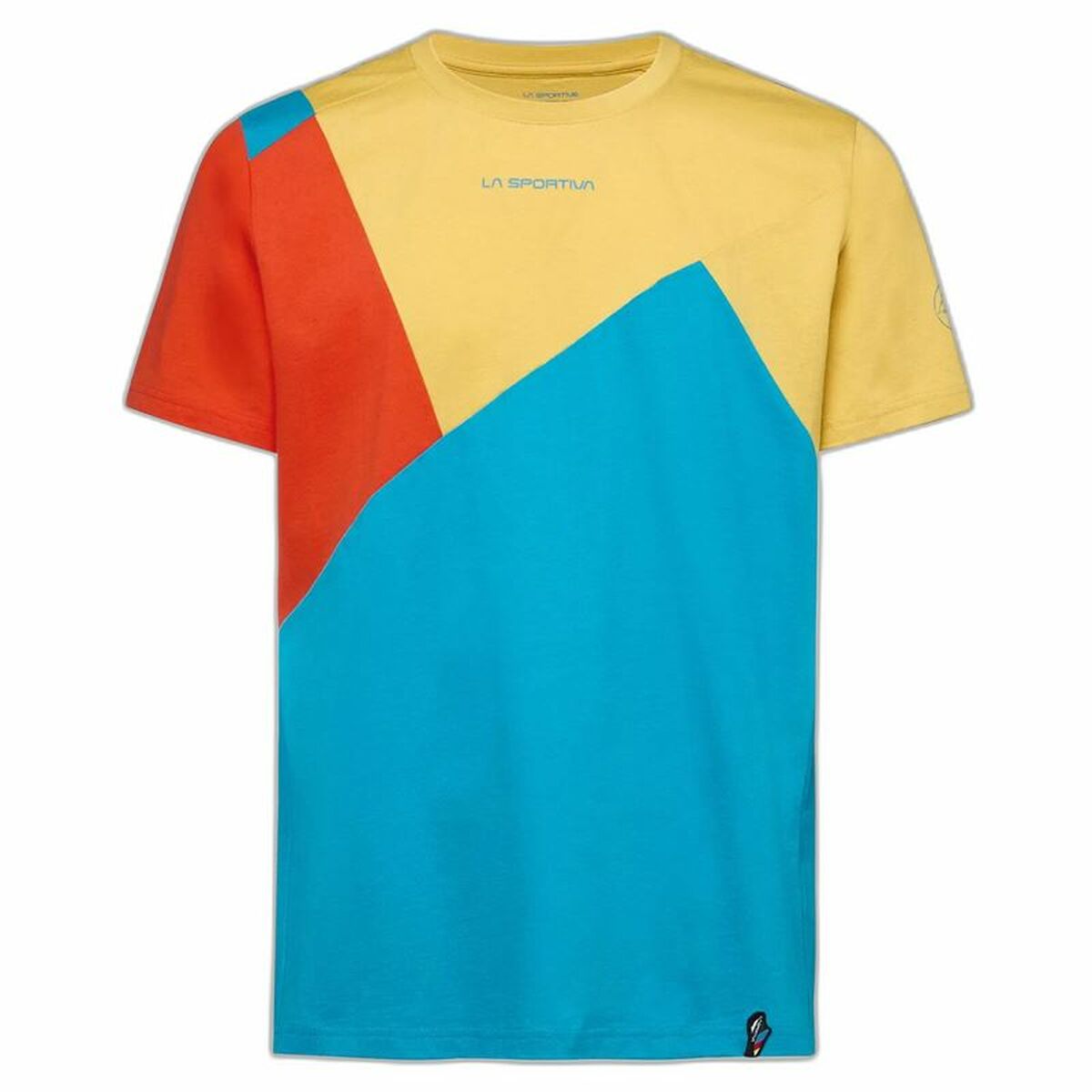 Short-sleeve La Sportiva t-shirt in yellow, red, and blue, ideal for outdoor adventures and camping, available at revlando.com.