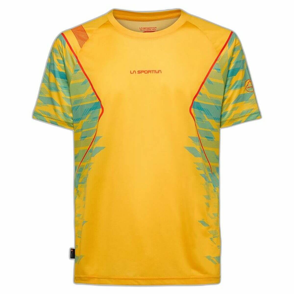 Short-sleeve yellow sports T-shirt by La Sportiva, ideal for outdoor adventures and camping, available at revlando.com.