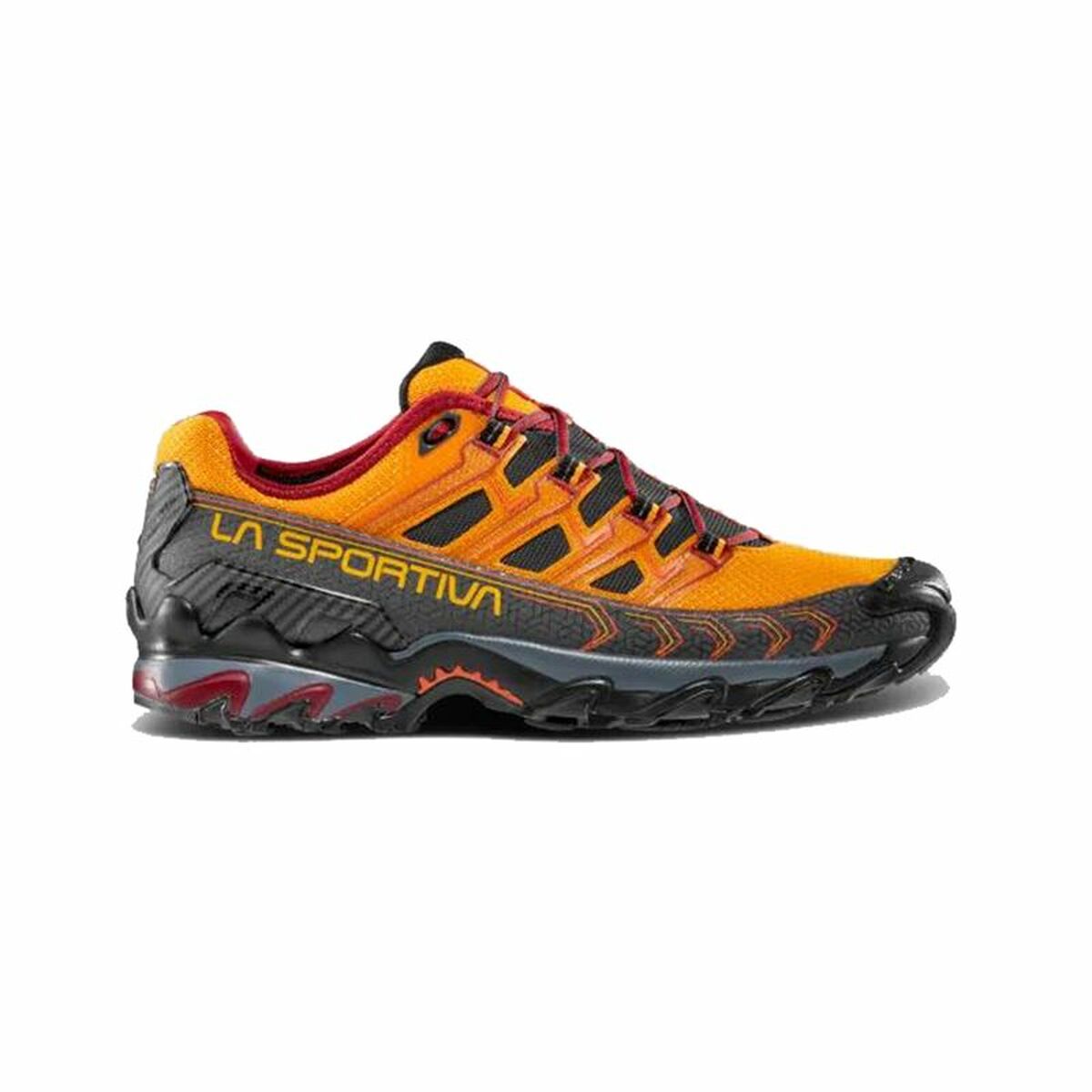 La Sportiva Ultra Raptor II running shoes in yellow and black for outdoor adventure and camping activities.