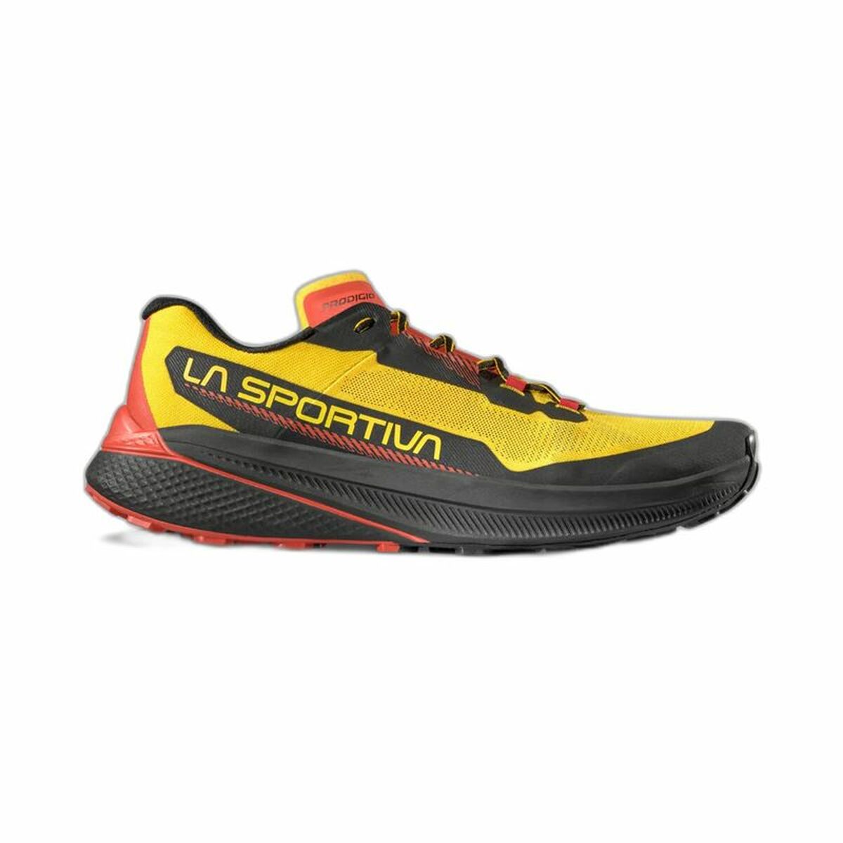 La Sportiva Prodigio yellow running shoes for adults, ideal for outdoor adventures and camping, available at revlando.com.