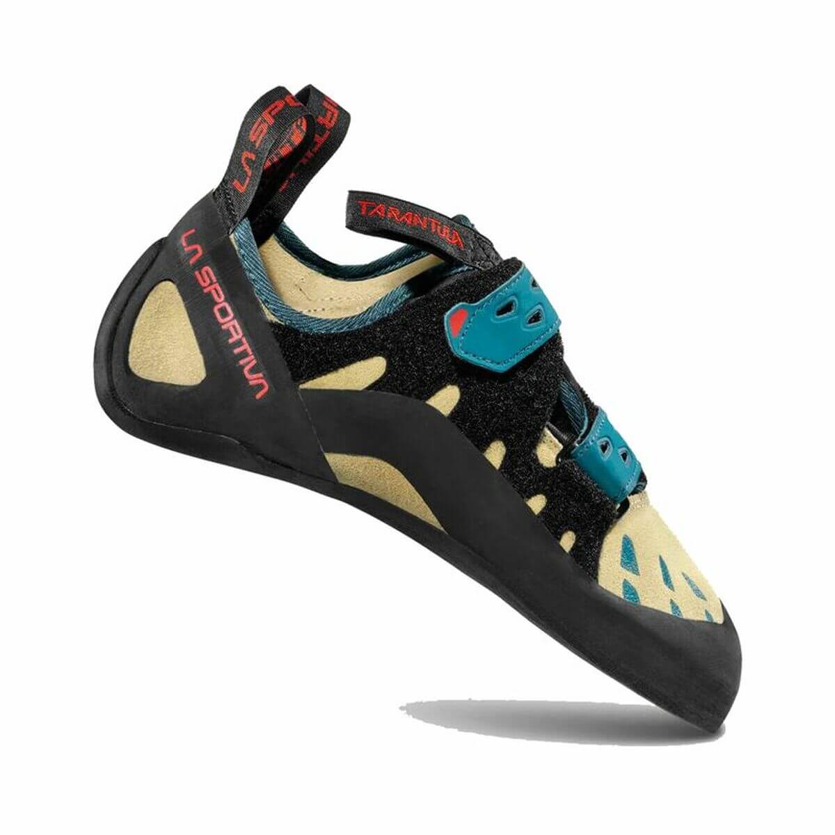 La Sportiva Tarantula climbing shoes in black and turquoise, ideal for outdoor adventures and camping, available at revlando.com.