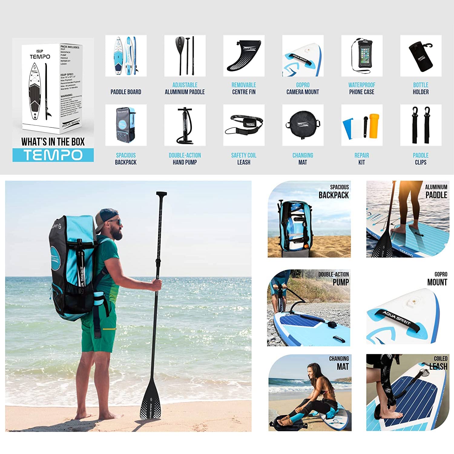 Aqua Spirit Tempo 10'6 iSUP Inflatable Stand Up Paddle Board For Adult Beginners/intermediate With Backpack, Leash, Paddle, Changing Mat & Waterproof Phone Case, All-Inclusive Package, 3-Years Of Complete Brand Warranty