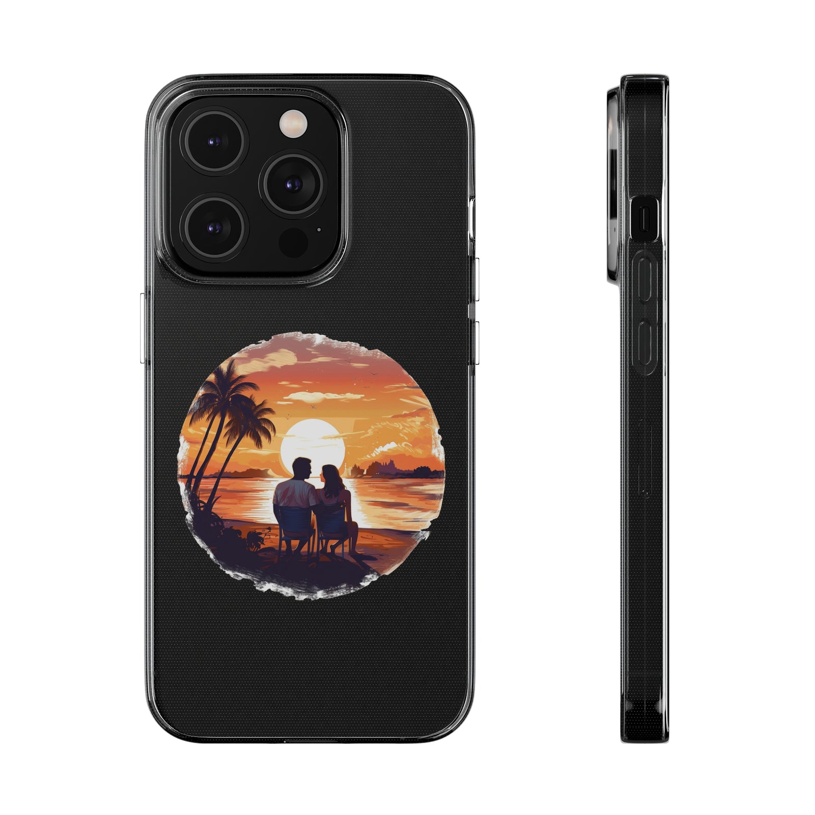 Phone case featuring a sunset scene of a couple on the beach, ideal for outdoor adventures and camping, available at revlando.com.