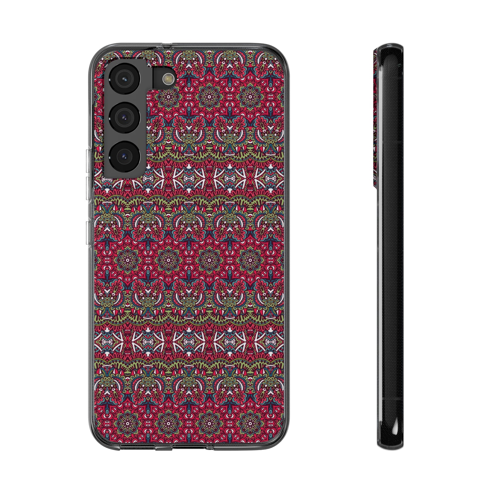Red mandala phone case with intricate floral design, perfect for outdoor adventures and custom style at revlando.com.