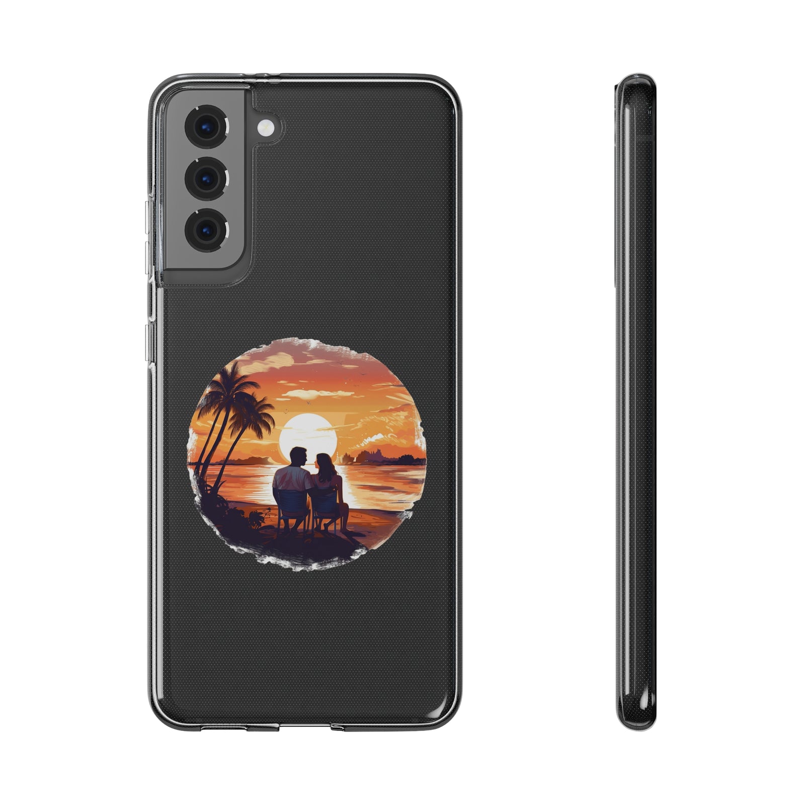 Phone case design featuring a sunset scene with a couple on the beach, ideal for outdoor adventures and camping.