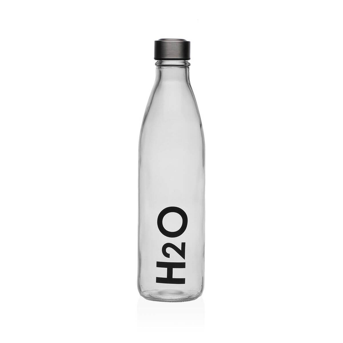 Transparent glass water bottle with H2O print, ideal for outdoor activities and camping adventures.