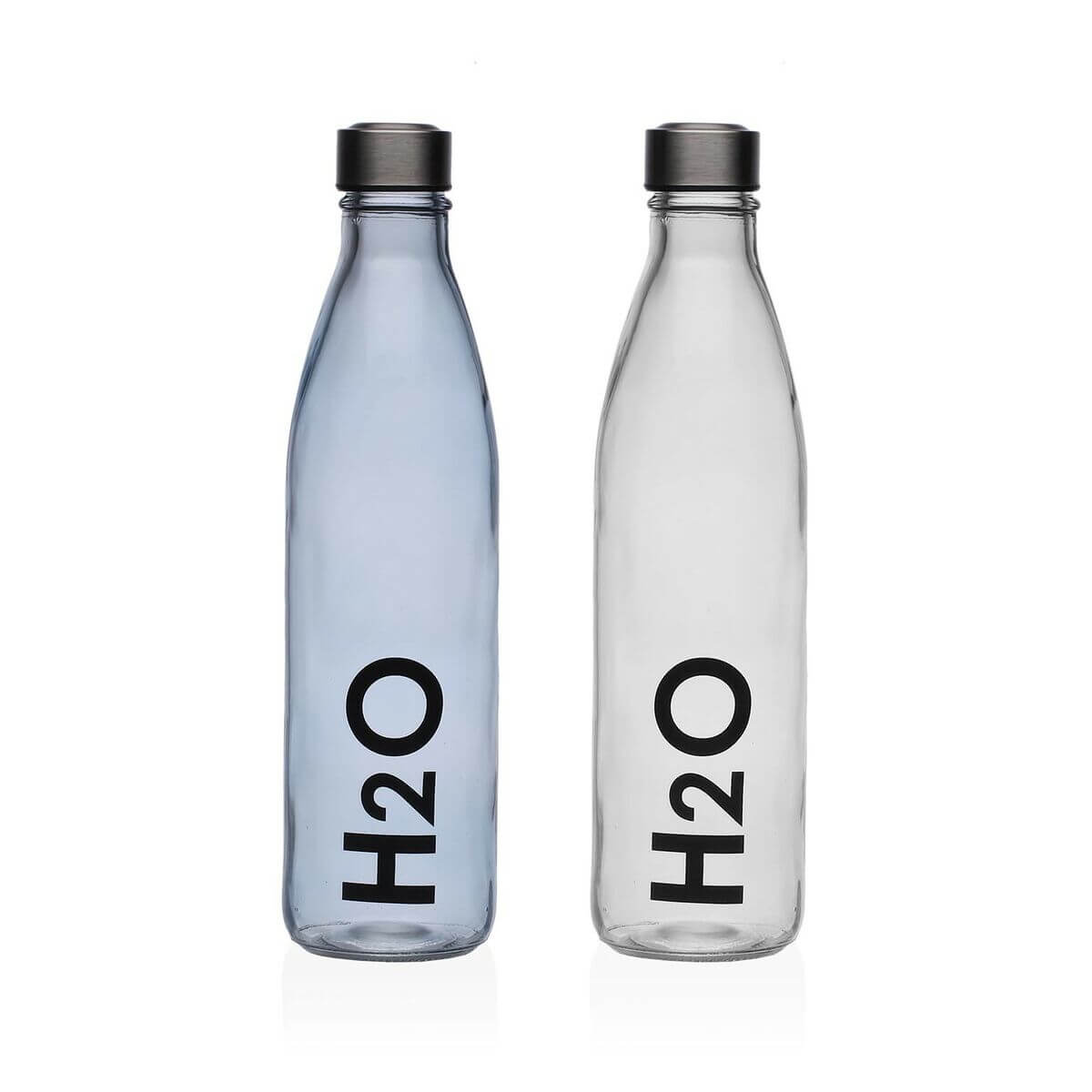 Transparent glass water bottle with H2O print, ideal for outdoor activities and camping adventures.