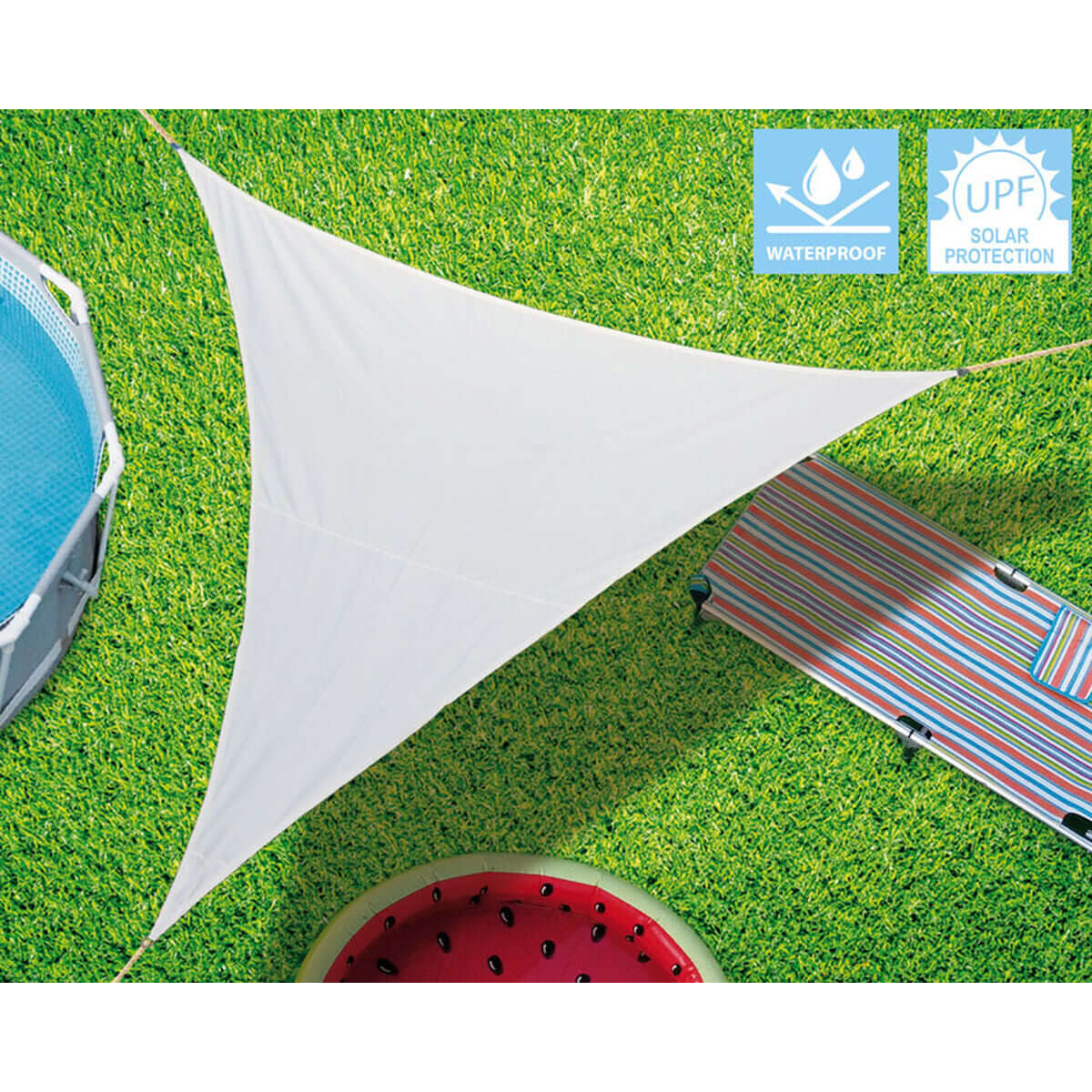 Triangular white awning 5 x 5 x 5 cm, perfect for outdoor camping adventures at revlando.com.