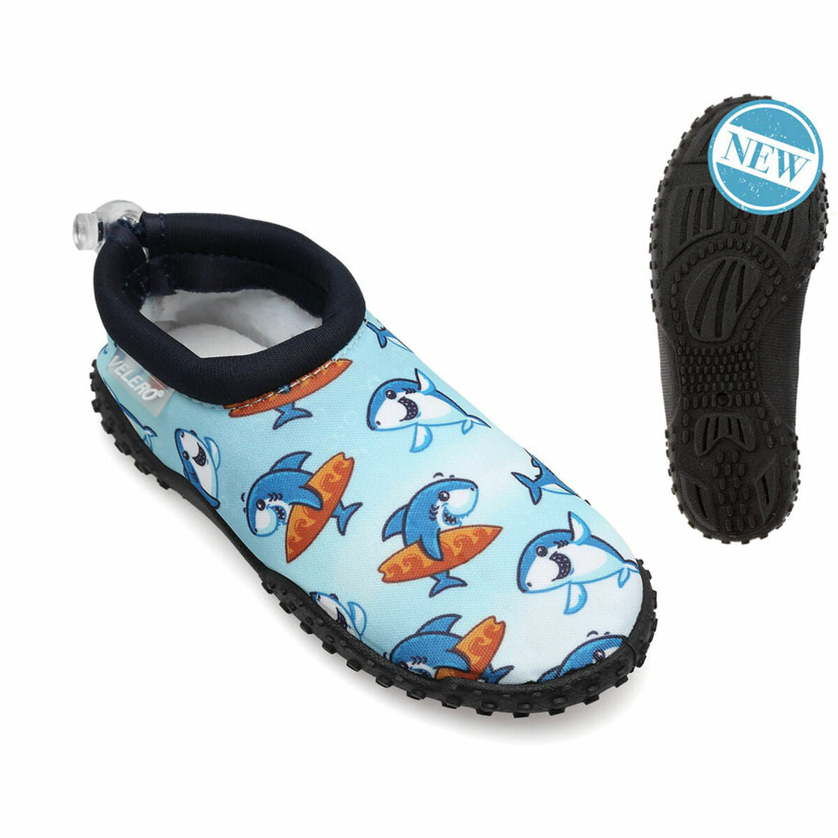 Children's blue shark socks perfect for outdoor summer adventures and camping, available at revlando.com.