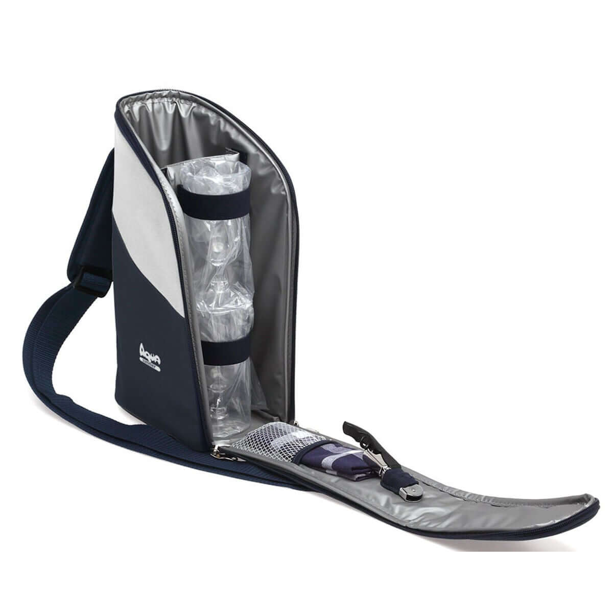 Navy blue portable cooler bag with adjustable strap, ideal for outdoor camping adventures, from revlando.com.