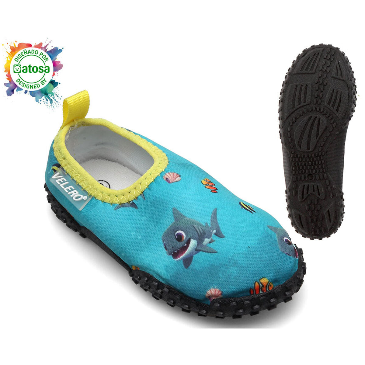 Children's blue shark socks with rubber sole, perfect for outdoor adventures and camping, ideal for babies and toddlers.