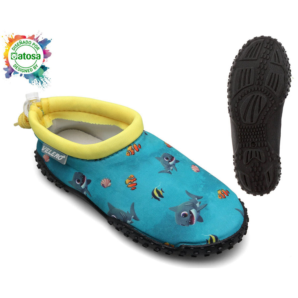 Children's blue shark socks with rubber sole, perfect for outdoor adventures and camping, ideal for babies and toddlers.