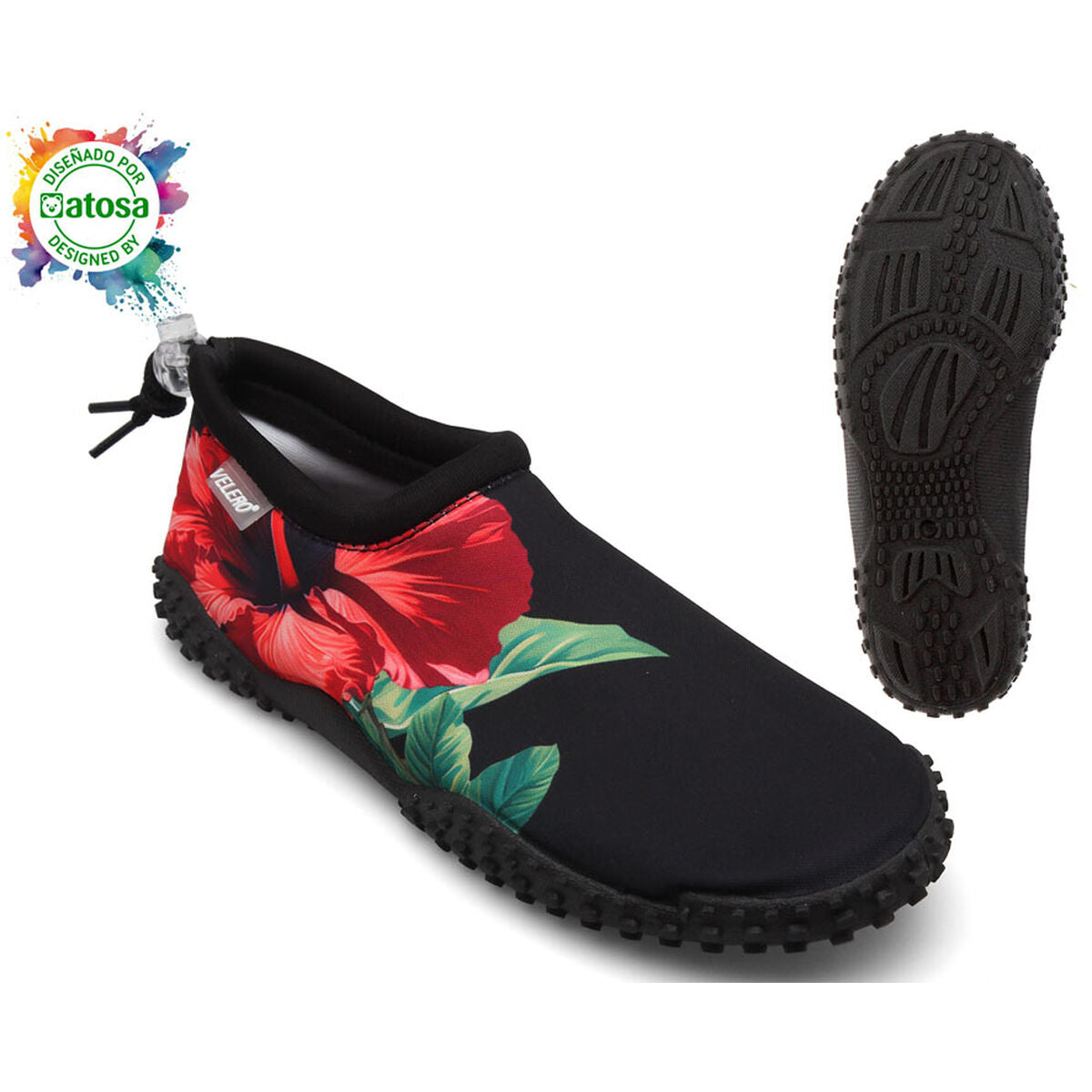 Black flower design slippers for outdoor adventure, ideal for camping. Perfect unisex footwear for adults. Shop at revlando.com.