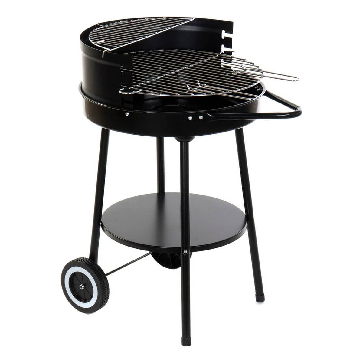 Coal barbecue with wheels in black metal and plastic, 59x49.5x82 cm, perfect for outdoor cooking and camping adventures.