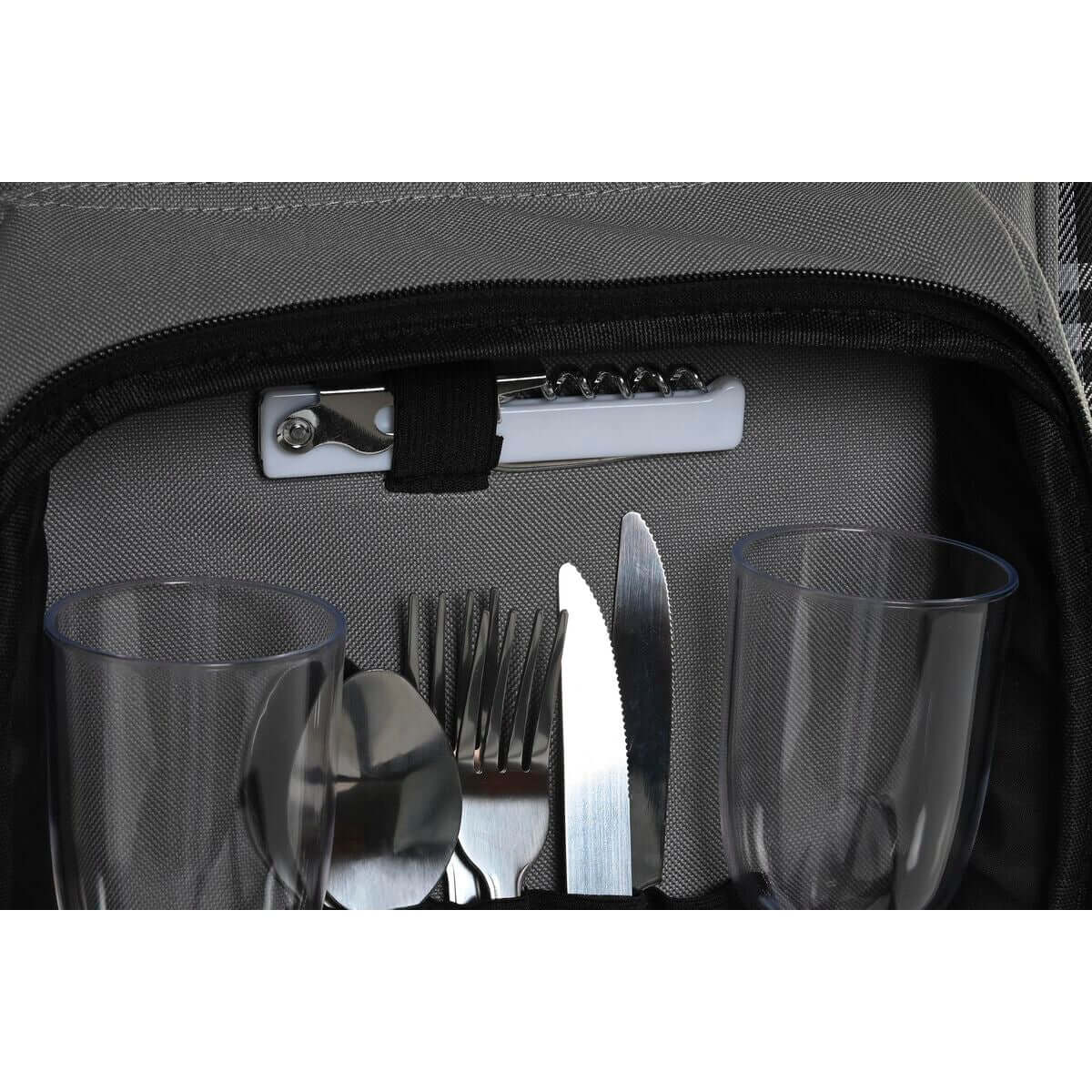 Dark grey picnic set backpack with dinnerware for outdoor adventures, includes glasses, plates, cutlery.