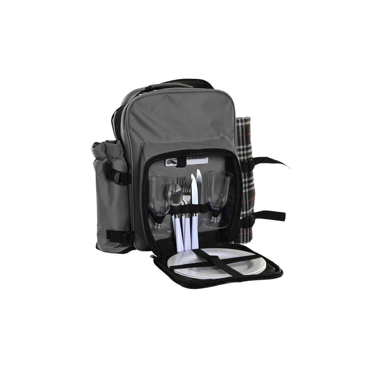 Dark grey picnic set backpack with dinnerware for outdoor adventures, includes glasses, plates, cutlery.