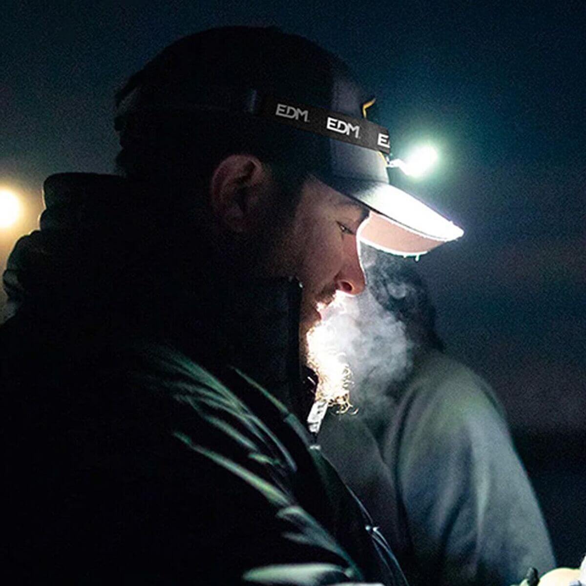 LED Head Torch EDM 36122 ideal for outdoor adventures and camping, rechargeable, 7 light modes, IP44 rated, 500 lumens.