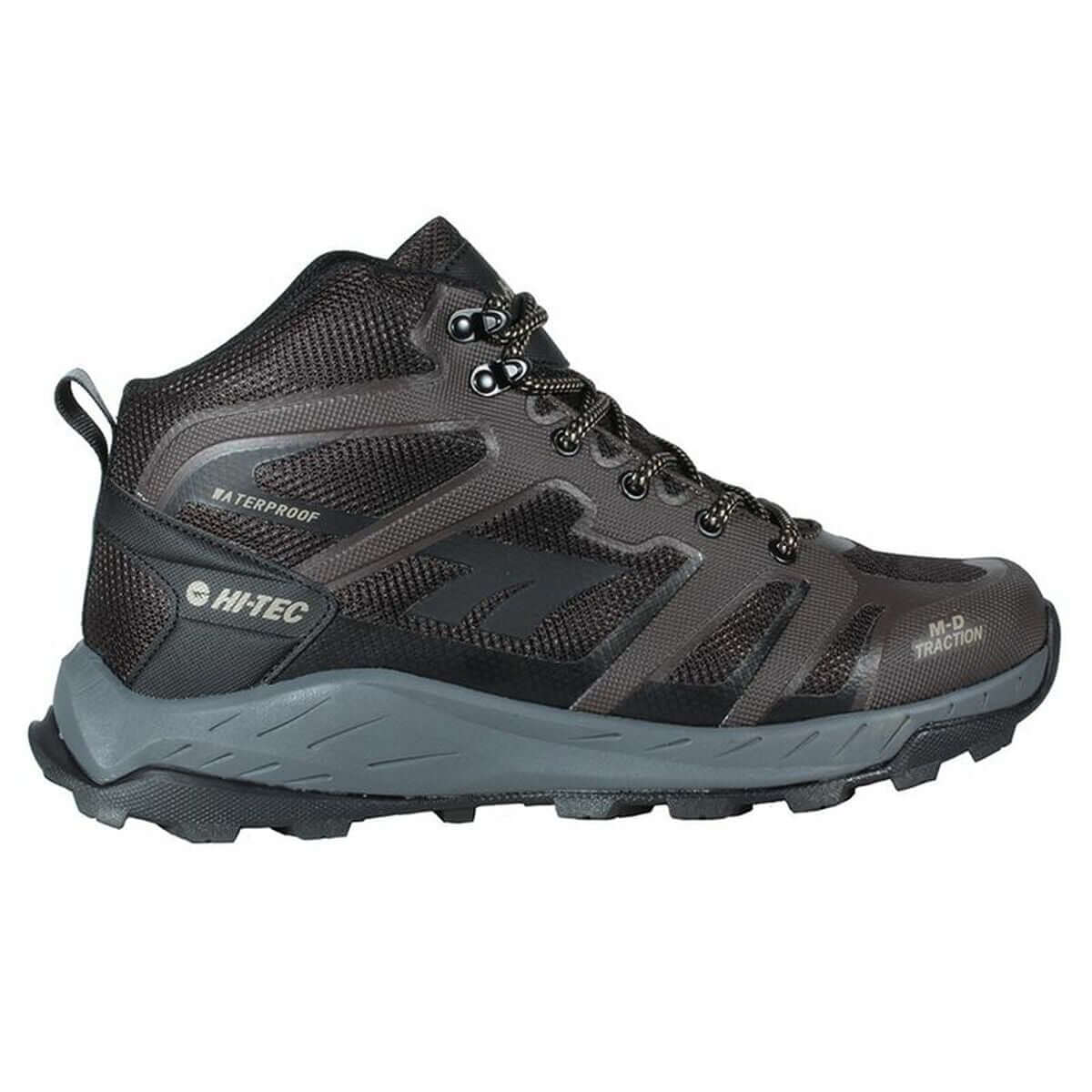 Hi-Tec Toubkal Brown hiking boots for men, waterproof outdoor footwear ideal for adventure and camping.