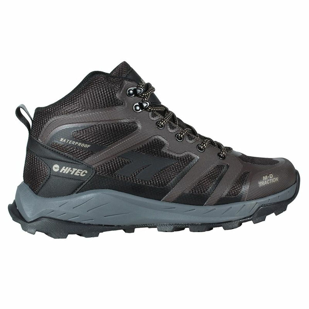 Hi-Tec Toubkal Brown hiking boots for men, waterproof outdoor footwear ideal for adventure and camping.