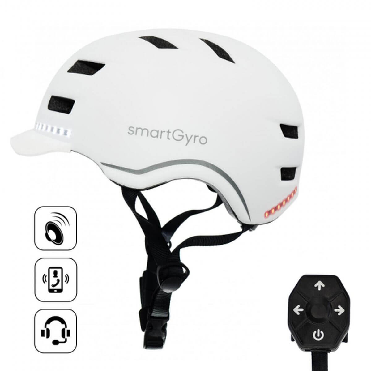 White smartGyro helmet with lights, Bluetooth controls, ideal for outdoor adventures and sports.