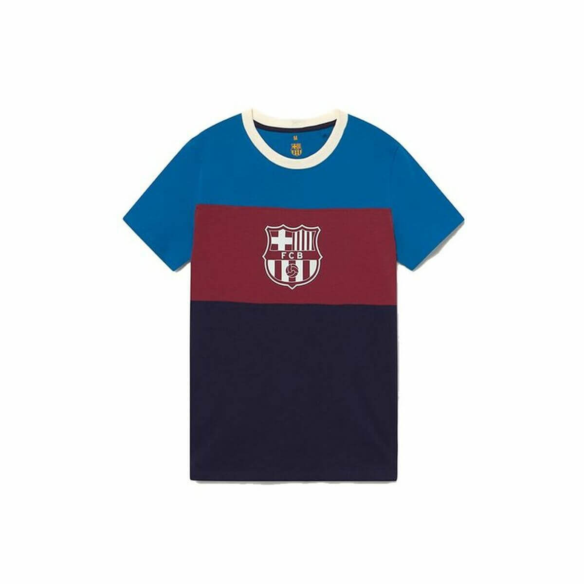 Men's short-sleeved F.C. Barcelona football shirt in blue and maroon for outdoor adventures. Available at revlando.com.