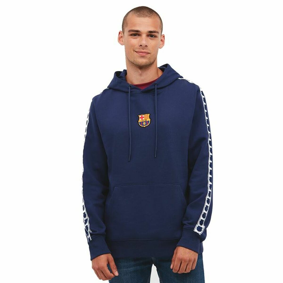 Men's navy blue F.C. Barcelona hoodie, perfect for outdoor adventures, available at revlando.com.