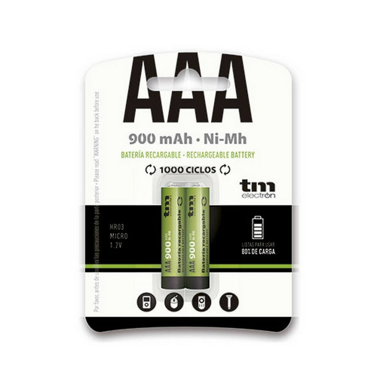 Rechargeable TM Electron Ni-Mh R03 batteries, 900 mAh, ideal for outdoor and camping adventures, from revlando.com.