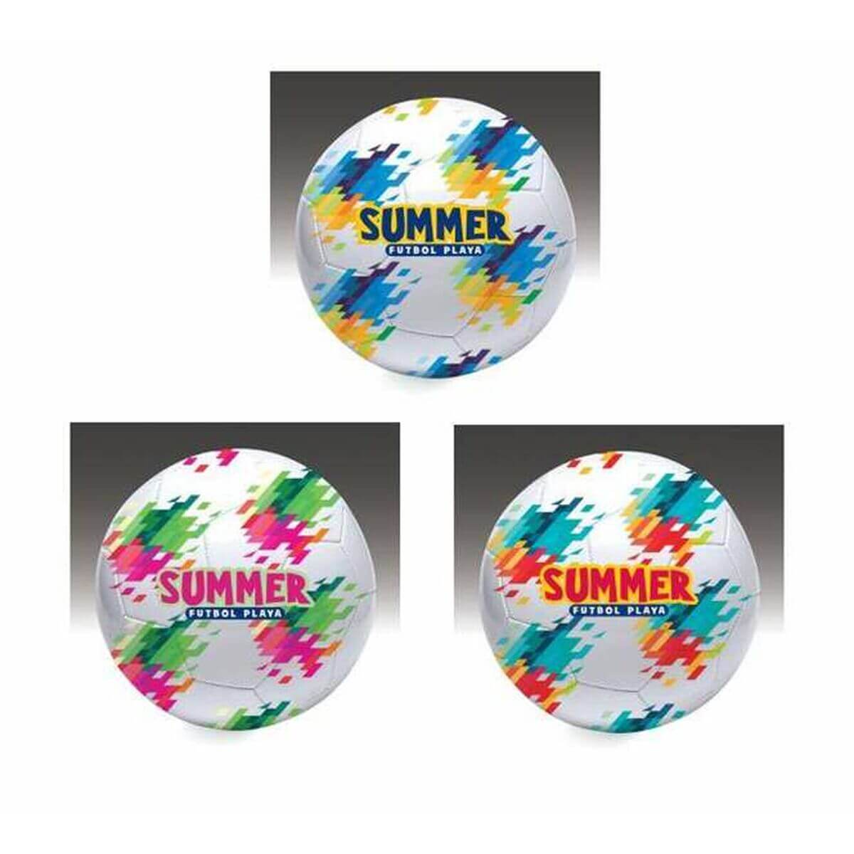 Colorful assortment of outdoor footballs with 'SUMMER' branding, ideal for camping and adventures.